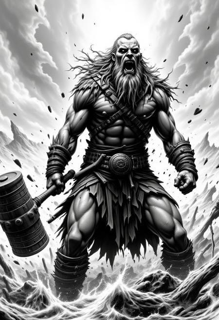 Intense ink wash portrayal of a berserker viking, muscles tensed and beard braided with bones. He's caught mid-roar, hefting a massive war hammer. The background transitions from a raging sea to the chaos of battle.