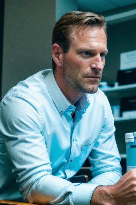 a handsome man in his office, white button up shirt, black leather jacket, ready for action, upper body, at the water cooler, (candid, amateur), (raw, 8k, uhd, fujifilm xt3),  <lora:aaronEckhart:1>