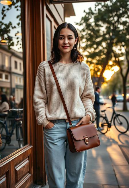 A young European woman dressed in a beige crew neck knit sweater paired with light blue straight-leg jeans, her medium-length black hair naturally draped. She is gently holding a brown leather shoulder bag with simple metal clasps as decoration. The knit sweater is loose and comfortable, casually tucked into the jeans, creating a relaxed literary vibe. She wears a pair of off-white canvas shoes, simple and elegant. On her ears are small pearl stud earrings, and around her neck is a thin gold necklace.
She stands at the entrance of a street-side coffee shop, with a wooden door frame and vintage glass windows behind her. The warm light from the shop spills through the windows, adding a cozy touch to the scene. The photo is taken from a slightly leftward front angle, highlighting her natural and casual stance. In the background, passersby and parked bicycles can be seen on the street. The sky displays the warm tones unique to dusk, with the outlines of distant buildings gradually becoming blurred. On the roadside, sycamore trees sway gently in the breeze, their shadows creating an idyllic urban living atmosphere.
The overall style is simple and fashionable, showcasing the intellectual and elegant side of an urban woman. Her expression is naturally relaxed, with a faint smile at the corners of her mouth and a gentle, lively gaze. The composition of the scene is spacious and well-balanced, with fresh and bright tones that fully capture beautiful moments in life.