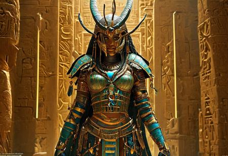exoskel wearing aa warrior priestess clad in an elaborate scarabshell exoskeleton armor, inspired by ancient Egyptian aesthetics. The armor should intricately resemble the form and texture of scarab beetles, with iridescent hues and detailed carvings. Adorn her with traditional Egyptian symbols, such as the Eye of Horus, ankh, and hieroglyphics. She should wield a staff topped with an ankh , exuding a sense of divine authority and power. Surround her with elements of an ancient Egyptian temple, including grand columns, hieroglyphic engravings, and a backdrop of   Large empty temple , volumetric lighting