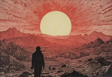 (nuclear waste:2), (nuclear explosion on in background:3), red sun dawn behind mountains, (dark silhouette of person on the sky looking down on the sky:2), extremely detailed, (highly detailed:3), (etching:3), (max screck), B&W