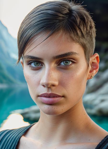 portrait of skswoman, nervous , wearing luxury fabrics , with Asymmetrical haircut , background lake epic (photo, studio lighting, hard light, sony a7, 50 mm, matte skin, pores, colors, hyperdetailed, hyperrealistic), <lyco:Sara Sampaio:1.1>