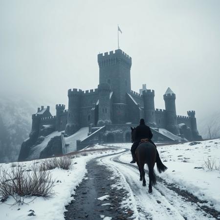 A gigantic big stones castle-fortress in the mountains on a snowy overcast winter day.  Castle dimly illuminated by fire.  The castle must be humongous in occupied floor surface, and have at least 7 towers.
The path to the castle must be visible and cleared of snow.
A strange looking figure dressed black is riding  a horse towards the castle.  Only one man, only one horse.
Sharp focus, studio photo, intricate details, highly detailed, by greg rutkowski
