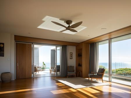 BSindoor, no humans, scenery, chair, sky, window, table, day, plant, ocean, door, shade, indoors, blue sky, shadow, wooden floor, book, cloud, curtains, flower pot, tree, sunlight