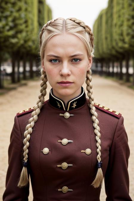 ground level outdoor photo of angry 25YO blonde French female with twinbraids wearing [XVI century] military uniform, bottom-view