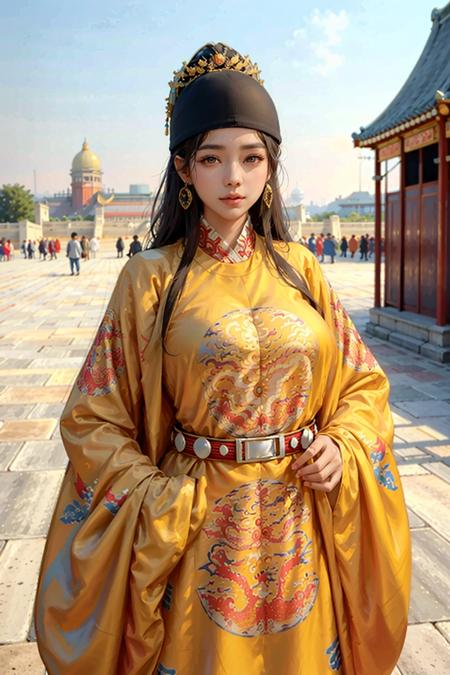 (huge covered breasts outline), (huge breast shape covered by clothing), 1girl, hat, long hair, yellow dragon_gown, masterpiece, best quality, photorealistic,  <lora:dragon_gown_v1:0.75>, Forbidden City background