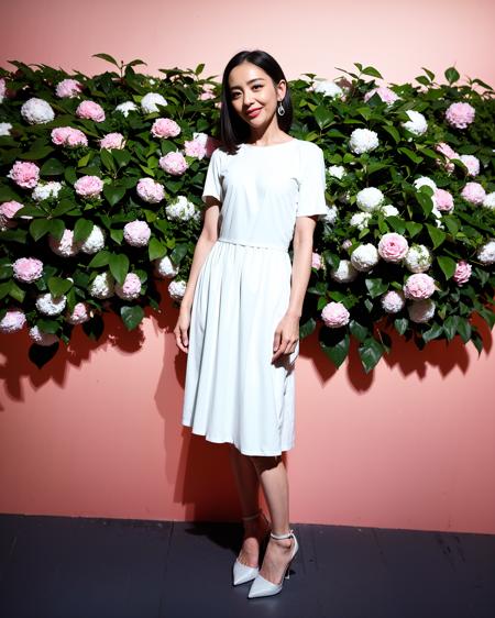 a woman in a white dress standing in front of a tree with flowers on it's branches and a pink background,full body, socks, light smile,