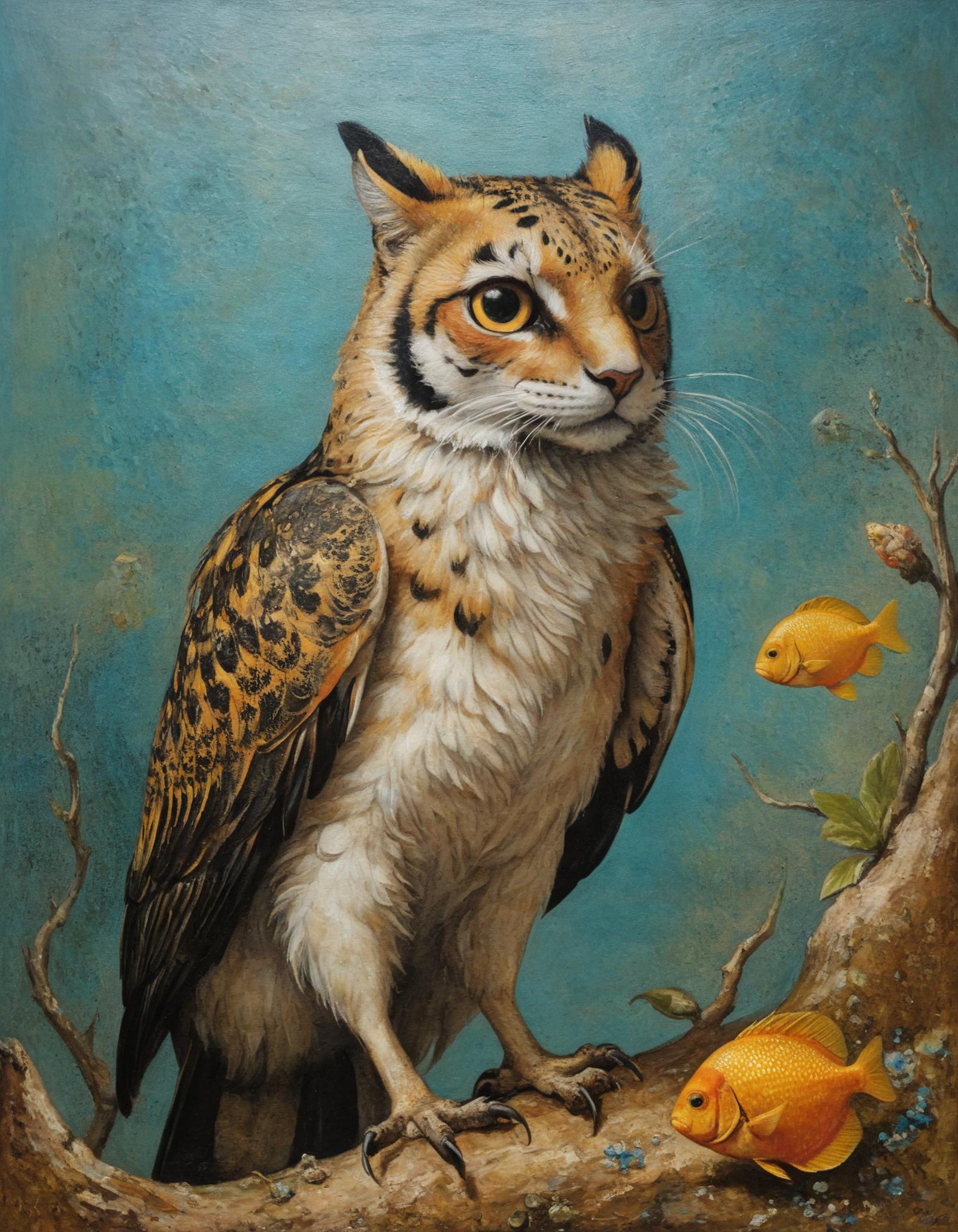 A painting of a bird of prey perched on a branch with a fish and a bird in the background.