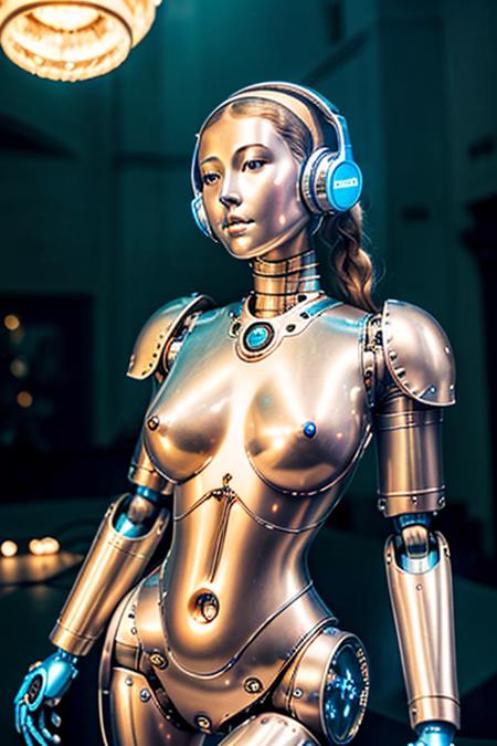 analog style, expert photo of intricately detailed female robot from the renaissance period, naked, listening to music on professional headphones, soft cinematic lighting, (mecha face), rendered eyes, extremely detailed face and eyes, all mechanical parts,  award winning artist <lora:epiNoiseoffset_v1:1>, (pussy and nipples glowing in blue)
