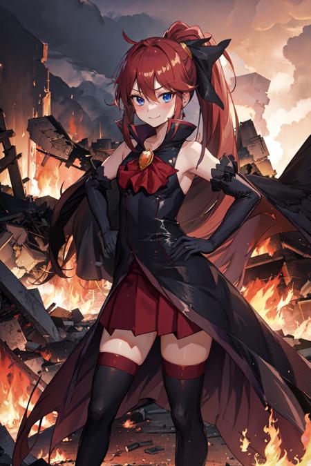 uunlovely, red ponytail, long dress, brooch, hairbow, elbow gloves, black thighhighs