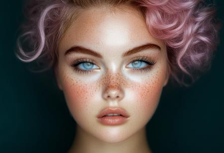 The image is a high-resolution photograph featuring a young woman with striking, ethereal features. She has light skin with a scattering of freckles across her face, particularly prominent across her cheeks and nose. Her piercing, large blue eyes are wide open, giving her a dreamy expression. Her hair is a vibrant, pastel lavender, styled in loose, tousled waves, with bangs that frame her face. She has a delicate, natural makeup look with a focus on her lips, which are painted a soft, natural pink.rockabilly style, 1girl, solo, realistic, looking at viewer, flower, freckles, lips, blurry, parted lips, close-up, 1950's