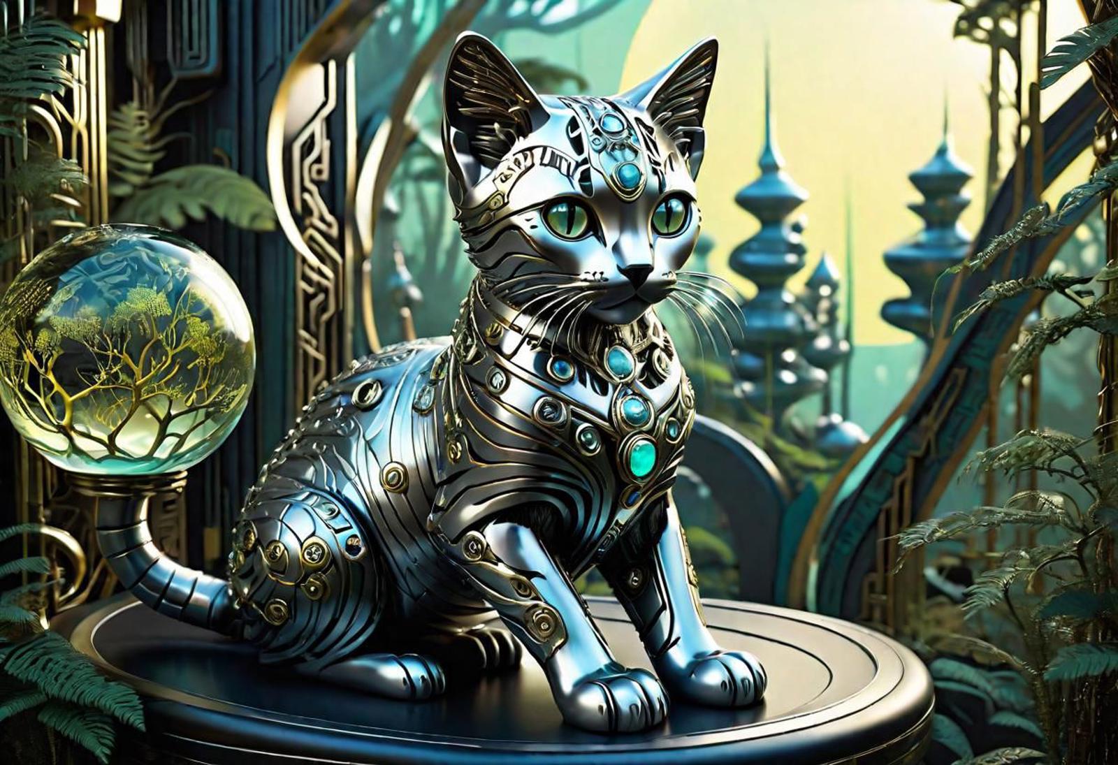 A cat with glowing green eyes sitting on a round pedestal, surrounded by a futuristic and fantasy-like environment.