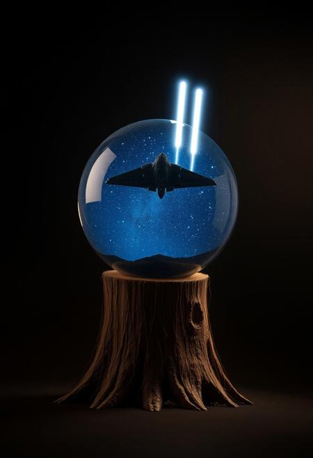 Against a dark background, on a very, very low stump, stood a crystal ball. Inside the crystal ball was a deep blue expanse of the night sky dotted with starlight. An alien craft was parked in the sky, and two columns of light were shining forward.
