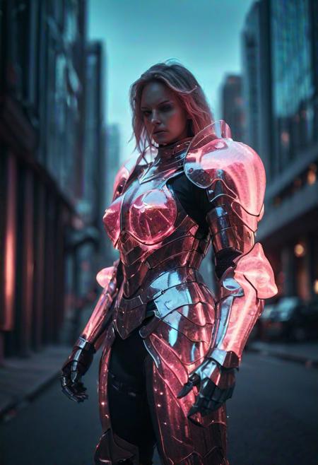 by night woman wearing translucent glowing pink glass armor, holographique armor, standing on a futuristic city street, fighting pose, dramatic light, cinematic grain