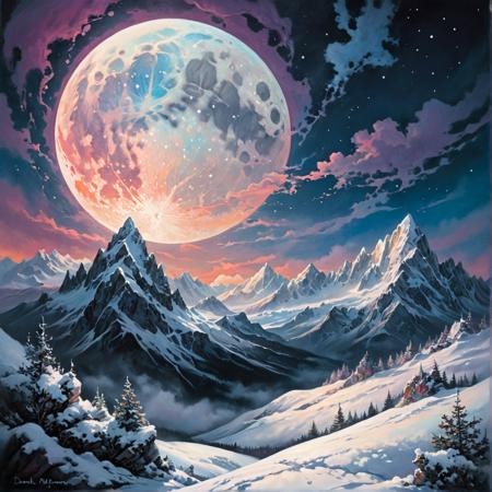 Zentangle extreme effect, landscape with Variegated splashes of color,
big full moon, Light transparent clouds, The mountains of the top are covered with snow, 
fantastical surrealism by Daniel Merriam, Joe Fenton,
ral-cnvctncrnts  <lora:ral-cnvctncrnts-sdxl:.25>, 
painted world <lora:Painted World-SDXL-000006:.5>, 
fractalvines  <lora:Fractal_Vines:.50>