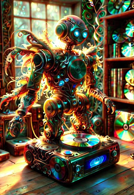 auralora, Fractangles, ral-frctlgmtry, fractal-flame, fractalex, fractalvines, PG-TR. A nostalgic scene: A (brass vintage CD player robot:1.5) sits atop a dusty wooden shelf, glowing from inside, motionblur, surrounded by stacks of worn-out jewel cases, each containing a prized collection of CDs. The warm glow of a retro lamp made from fractal vines casts a soft light on the cluttered space, as if illuminating the memories of a bygone era. In the foreground covered in fractal vines, a few select CDs are arranged in a deliberate pattern made of cd's made out of fractangles, like a fractal, symbolizing the beauty and complexity of the music that once filled these discs. Sharp details, looking at the viewer, good mood, cheerfulness, natural light, smooth details, one ray of light