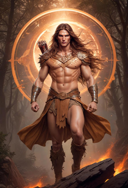 illustration by Russ Mill, full body shot, front angle, Far angle, a male Sagittarius warrior, arrows in the back, (flowy long brown hair:1.3), (astrological aesthetic:1.2), astrological burned forest background, magnificent, celestial, ethereal, (epic:1.1), majestic, fantasy art, cover art, consistent, best quality, high resolution, ultra detailed, 4k, Bright Orange, Golden Yellow, Red-Orange