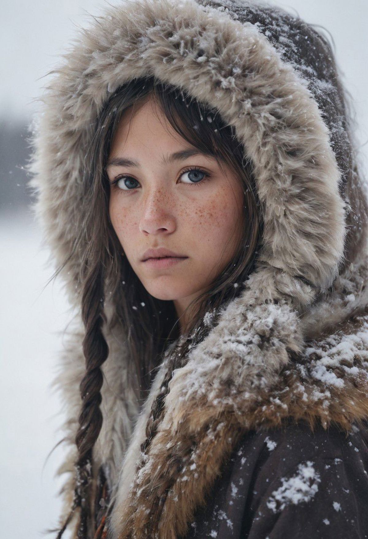 A girl wearing a fur coat with a braid and brown eyes looking into the distance.
