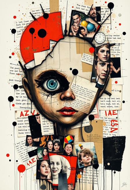 Outsider art. A surreal and deconstructed mixed-media collage in the style of Jacques Prévert with an urgent sense of chaos and energy. An analogue collage artwork blending fragmented styles, layers and textures. 
A Jean-Michel Basquiat illustration of a broken Victorian pot doll's head with a missing eye.
Layered over this obscuring the image are multiple fragmented and overlapping layers of chaotic thick paint, splatters of paint, palette knife oil paint, handwritten scrawled text messages, torn photographs and broken distorted vintage photographs filling the canvas. 
Layers sections of repetitive brightly coloured dots in Yayoi Kusama style. Fragmented scribbles and abstract graffiti images in Jean-Michel Basquiat style over the top. This hides sections of the image below. Outlines are roughly redrawn in black ink and thick oil paint. The overall effect is manic and anarchic with an urgent sense of energy.