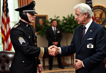classic cobra commander in an immaculate military dress uniform posing for photo shaking hands with president clinton of the united states in sharp suit inside the oval office, real photograph, infusion of gi joe and ww2 german style, photorealistic, correct hands, correct fingers, presidential seal, vote button, campaign photo, election, elegant scene, cobra tattoo, cobra insignia