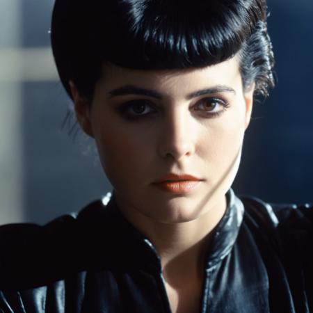 cinematic film still of  <lora:Blade Runner Style:1>
medium closeup shot, Kodak Eastman 100T 5247 Cinematic 1982 Film Stock Footage of Rachael a woman with a black hair and a black dress staring at camera Blade Runner style, shallow depth of field, vignette, highly detailed, high budget, bokeh, cinemascope, moody, epic, gorgeous, film grain, grainy