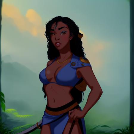 Black woman, warrior, (holding a sword), detailed, upper body, brown eyes, in the jungle, cartoon, disney style, blue sky with clouds, (wearing body armor), black hair, beautiful, high quality<lora:DisneyRenV2:1>