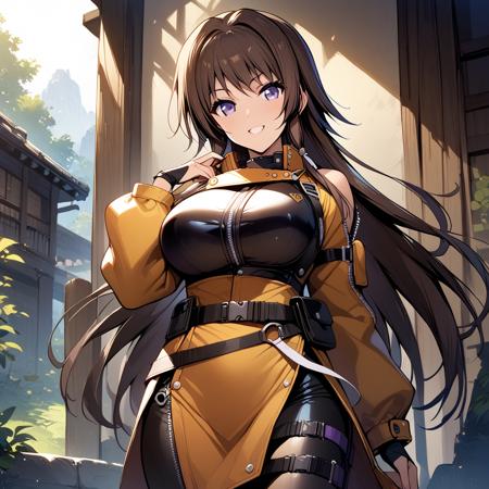 takamura yui,  brown hair, purple eyes, long hair, large breasts originaloutfit pilotoutfit gekkaoutfit militaryuniform bikinioutfit swimwearoutfit