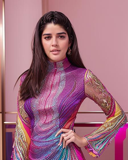 ultra-realistic hires photo of (izle woman), looking looking at viewer, colorful high neck cocktail dress with intricate details, fashion shoot <lora:izle_Izabelle_Leite_SD15_LoRA:1>