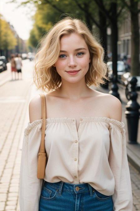 a beautiful woman, light blond wavy hair, darker roots, above shoulder length curly hair, wavy bob cut hair, ocean blue eyes, 1girl, standing full body, in the streets, dutch city background, amsterdamcanalhouse, wearing beige linnen shirt, brown jeans, loose clothing, happy, smiling, joy, laughing, 4K, RAW, best quality, (masterpiece), (ultra-detailed), (hyperrealism:1.2), extremely detailed eyes, (extremely detailed face), textured skin, (photorealistic, hyperdetailed:1.2), insane details, stunningly beautiful, pale skin, freckles, blush, detailed skin, extremely detailed, (RAW photo, best quality), (realistic, photo-realistic:1.3), best quality ,masterpiece, an extremely delicate and beautiful, extremely detailed natural lighting, summer, sun rays, ethereal golden hour, film grain, (bokeh:1.3), Porta 160 color, shot on ARRI ALEXA 65, sharp focus on subject, Fujifilm XT-3, <lora:picxer_real:0.8>