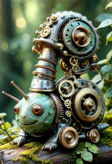 masterpiece, absurdres, high quality, 8k resolution, g3ars, 
1snail, cheerful expression, tiny eyes gleaming, animated face, smiling snail, whimsical creature, cone-shaped shell made of gears, intricate clockwork, mechanical shell, brass gears interlocking, steampunk detailing, industrial texture, metallic sheen, polished cogs, visible inner mechanisms, soft organic body, slime trail glistening, natural flesh contrasting machinery, delicate antennae twitching, nature meets industry, moss growing on gears, vines entwining metal, rust accents, verdigris patina on brass, close-up view, macro perspective, shallow depth of field, bokeh background, soft blurred greenery, warm ambient light, cinematic highlights, oil paint texture, visible brushstrokes, rich impasto effect, vibrant full color, dramatic lighting, fantasy realism, surreal aesthetic
