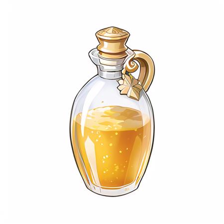 (masterpiece, top quality, best quality, official art, beautiful and aesthetic:1.2),(8k, best quality, masterpiece:1.2),icon\(game icon institute\), a bottle of liquid with a gold cap and a tag on it's neck and a gold cap on the top, simple background, white background, no humans, bottle, food focus, still life,<lora:Game Icon InstituteV2.0:0.7>,