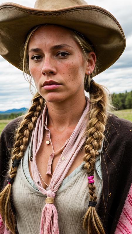 1girl, solo, 40 year old cowgirl, blonde, braided ponytail, tether poncho, black cowboy hat, rough skin, freckles, brown eyes, wrinkled skin, pink lips, raising eyebrows, annoyed , <lora:Sadie Adler:1>, practical cotton shirt