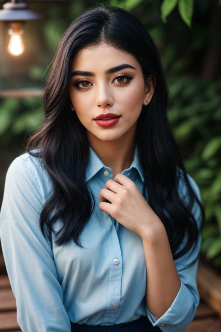 photo of (EPC4r04zm1:0.99), closeup portrait, perfect hair, (modern photo, coral Button-up shirt ), 24mm, (analog, cinematic, film grain:1.3), ((clinics, lapis lazuli,rubber flooring,wood shingles or shake roof, oil lamps,bioluminescent organisms, cove lighting, gradient:1.1)), ((detailed eyes)), ((eyeliner, long lashes)), (epicPhoto), long eyelashes, (perfect waist), (painted lips)