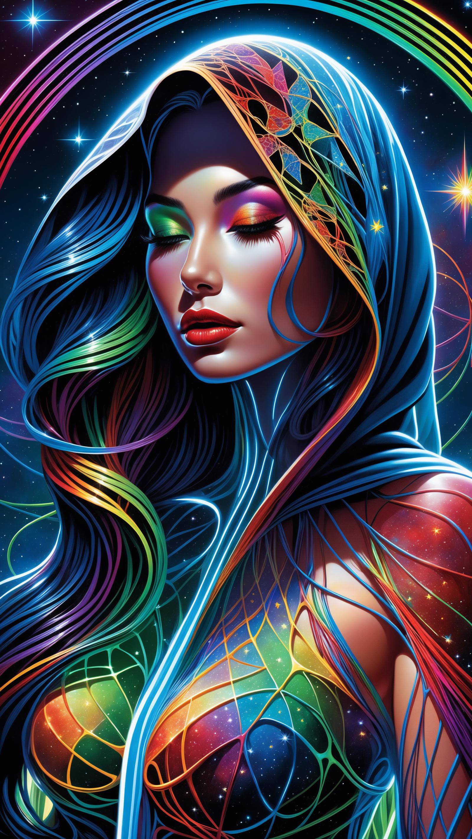 Colorful Digital Art of a Woman with Rainbow Hair and Makeup