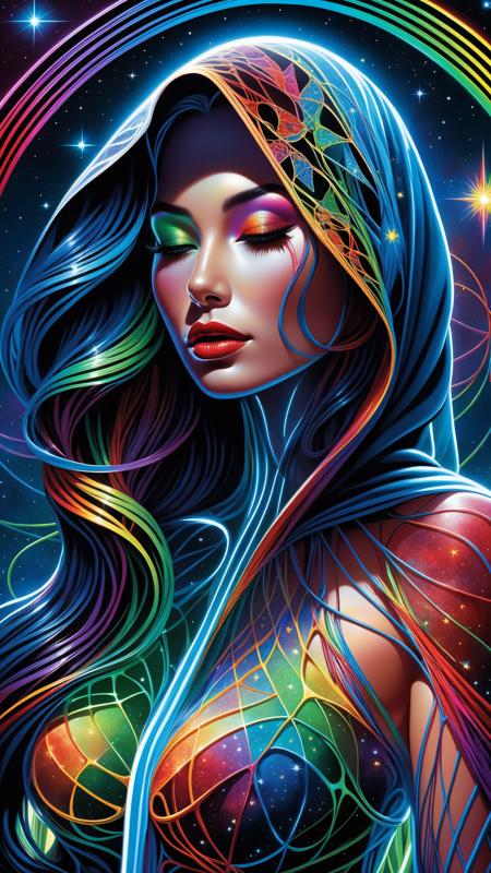 cartoon, masterpiece, best quality, ultra high res, extremely detailed, (psychedelic art:1.4), woman, veil, visually stunning, beautiful, award-winning illustration, cosmic space background, ethereal atmosphere, ultra quality, beautiful girl, cosmical concept, rainbow strings, rainbow skin, rainbow bloody veins growing and intertwining out of the darkness, nailed wire, oozing thick blue blood, sharp neon, veins growing and pumping blood, vascular networks growing, green veins everywhere, yin and yang, glowing space, glowing stars, infinity symbol