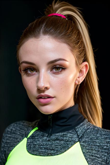 High detail RAW color Photo of skin_pores, 8k high definition, highest quality, skin texture, masterpiece, best quality, 8k, perfect lighting, cinematic lighting, HDR, beauty, ultra-detailed,
<lora:dainty_wilder:1.3> (dainty_wilder:1.3), young woman,  slim face, eyelashes, full model, full body, (sportswear:1.3), standing