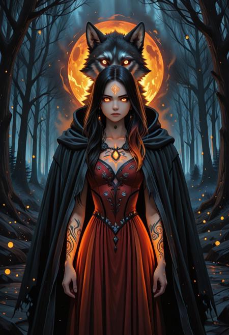 masterpiece, absurdres, 8k, HQ, 15546+456868, 
vivid and contrasting colors, digital painting, fantasy art, dark fairytale atmosphere, dramatic lighting, cinematic shadows, 1girl, 1wolf, anthropomorphic wolf, glowing orange eyes, tattered hooded cloak, detailed textured fur, fierce expression, stands protectively behind woman, dark misty forest, silhouetted trees, moody background, long black hair with red streaks, ornate red dress, jewelry, intricate beadwork, exposed arms, vivid tattoos, black ink designs, painterly finish, intense and mysterious mood