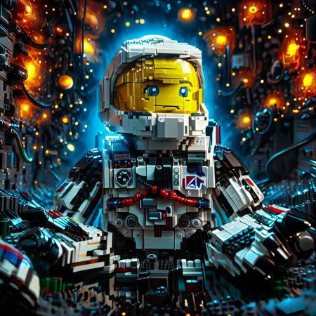 enhanced textures, creative, beautiful, vibrant, masterpiece, 8k, Ultra HD, amazing details, amazing quality, amazing artist, sharp edges, detailed textures, full view, atmospheric lighting, amazing visuals, highly detailed, realistic, fine fabric detail, absurdres, highly-detailed, best quality, masterpiece, very aesthetic, things made of lego, A photorealistic astronaut in a detailed spacesuit, floating in what appears to be the void of space, but upon closer inspection, the "darkness" is revealed to be a massive wall of black LEGO bricks, things made of lego, extremely close-up texture, the astronaut's visor reflecting the brick-built void, creating a sense of isolation and constructed reality, cinematic lighting, color graded.