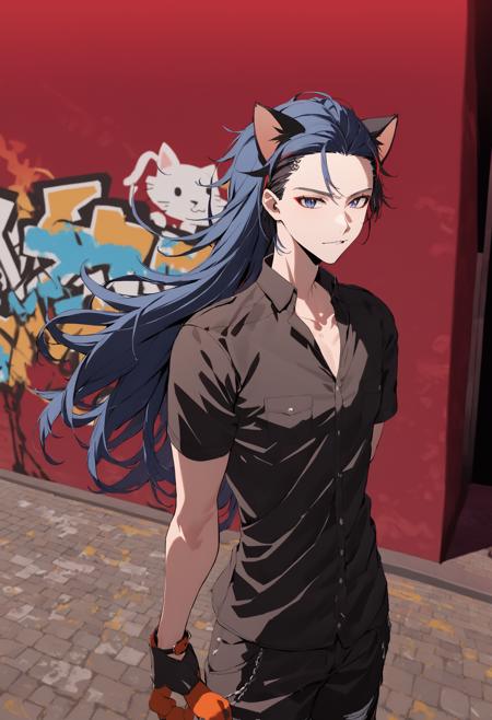 1boy, tobias x'voor, animal ears, blue hair, graffiti, cat ears, long hair, outdoors, red background, road, shirt, solo, newest, rating:general, <lora:TobiasXvoorXL:1>