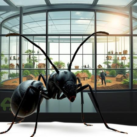 photoshop montage.
in the fore ground is a giant black ant.
in the back ground is a giant terrarium, a prison made of glass walls, inside are men and women and tiny houses. They are real human beings but microscopic.
The montage gives a feeling of wonder, like a science fiction scene of an alternate reality where ants are huge and rule the world and people are tiny and live in captivity.