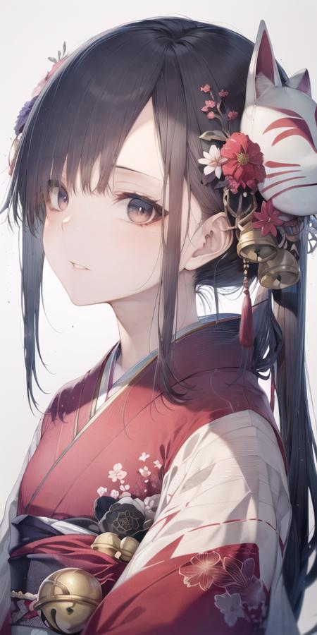 1girl, solo, hair ornament, white background, looking at viewer, japanese clothes, portrait, bangs, black hair, kimono, simple background, mask, parted lips, arrow (projectile), grey eyes, sidelocks, flower, red kimono, hair flower, blush, mask on head, hamaya, kanzashi, bell, fox mask, long hair,<lora:hito_loha_v1d:0.7>