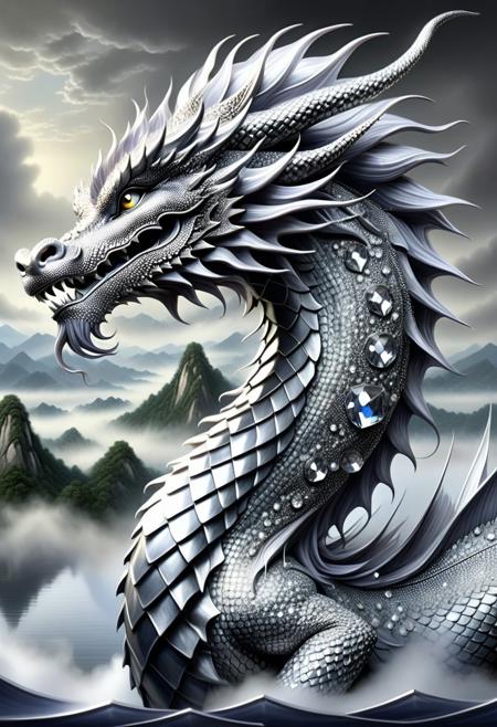 Ultra detailed.Ultrarealistic. sharp focus, dynamic lighting. play of light, reflection, refraction, Raytracing, chinese ink painting, super huge dragon, solo,  very detail, fantasy, clouds and mist, greyscale, Periwinkle mane, Legendary Gray scale made of diamond,diamondMW,countless diamonds,multi angled,full body view