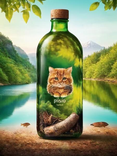 creative bio poster, animal, human, glass bottle, forest, river, mountain,  <lora:åæ:0.8>