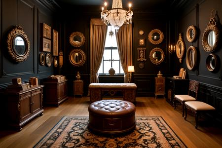 <lora:pytorch_lora_weights_361535:1>,Padded room with dark satin-covered walls, elegant wooden bondage wheel, rope storage in ornate carved chests, vintage-style mirrors with baroque frames, light haze from incense burners, and curated BDSM books and fetish art stacked on low tables,