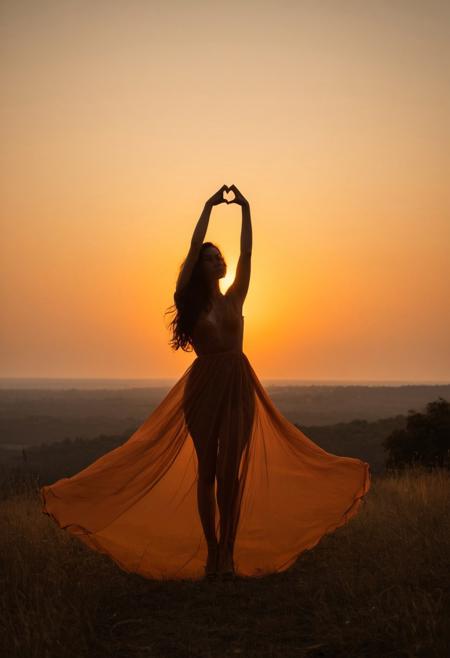 sunset, silhouette, woman in see through gossamer dress, heart shape, hand gesture, warm colors, outdoor, dusk, sky, creative pose, backlit, soft focus, landscape, golden hour, tranquility, leisure activity, nature, serene, orange tones, casual attire
