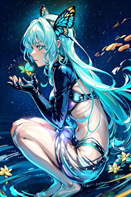 masterpiece,best quality, <lora:Yuu:0.8>,1girl, aerial_fireworks, aqua_hair, artist_name, astronaut, aurora, blue_butterfly, bug, butterfly, butterfly_on_hand, constellation, crescent, crescent_moon, facial_mark, fireflies, fireworks, full_moon, gloves, glowing, glowing_butterfly, long_hair, makeup, milky_way, moon, moonlight, planet, profile, shooting_star, sky, snowing, solo, space, sparkle,starry,night,stars