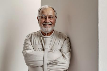 smiling chubby grey bearded grandfather wearing stark white straitjacket standing against a white wall 
   /<lora:StraitjacketGeneral_v3:0.75>  <lora:JedAthens:0.8>