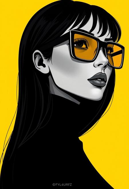 Close-up of a stylized female portrait. 
The figure is rendered in a grayscale palette, with a deep black color for clothing and hair, set against a vibrant yellow background.  The woman has long, dark hair that falls down her back.  Her facial features are defined, with a strong jawline and a confident expression.  She is wearing large, square-framed sunglasses with amber or yellowish-gold lenses.  The sunglasses are a noticeable feature, contrasting sharply with the surrounding dark tones. 
A turtleneck-style top is visible, further enhancing the silhouette.  The overall style is fashion-forward and somewhat dramatic, emphasizing form and contrast against the background. The figure is presented in a three-quarter profile view.
<lora:FLUX-daubrez-DB4RZ-v2:1> DB4RZ, DB4RZ style painting