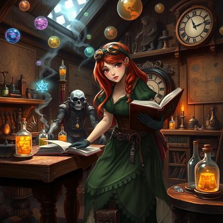 (WizardCoreAI:1.3) 1girl  Beautiful alchemist, leaning forward studying magic Book on bench,copper hair, Steampunk goggles, goggles on head, (Alchemy and Tinker shop, tools, potions, bottles, workbench, wooden walls, wood furniture, schematics on wall, blueprints on wall, proud, green dress, brown corset, leather belt, Brown Backpack, too many pouches, massive boots, gloves,l charts in a tower filled with magical orbs Wizard activating a golem in a rune-lit workshop, Alchemist mixing potions amid hovering magical essences, Enchantress reading a spellbook studying a steampunk-inspired chronomancer's clock 
(amazing fantasy setting, Ultra Realistic, trending on artstation, exaggerated, detailed   
 background:1.1)