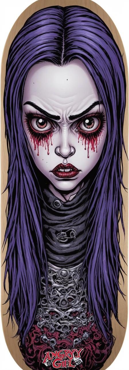 Jimbo Phillips Sk8 Art XL angry goth girl face  skateboard art <lora:Jimbo_Phillips_Sk8_Art_XL:1>